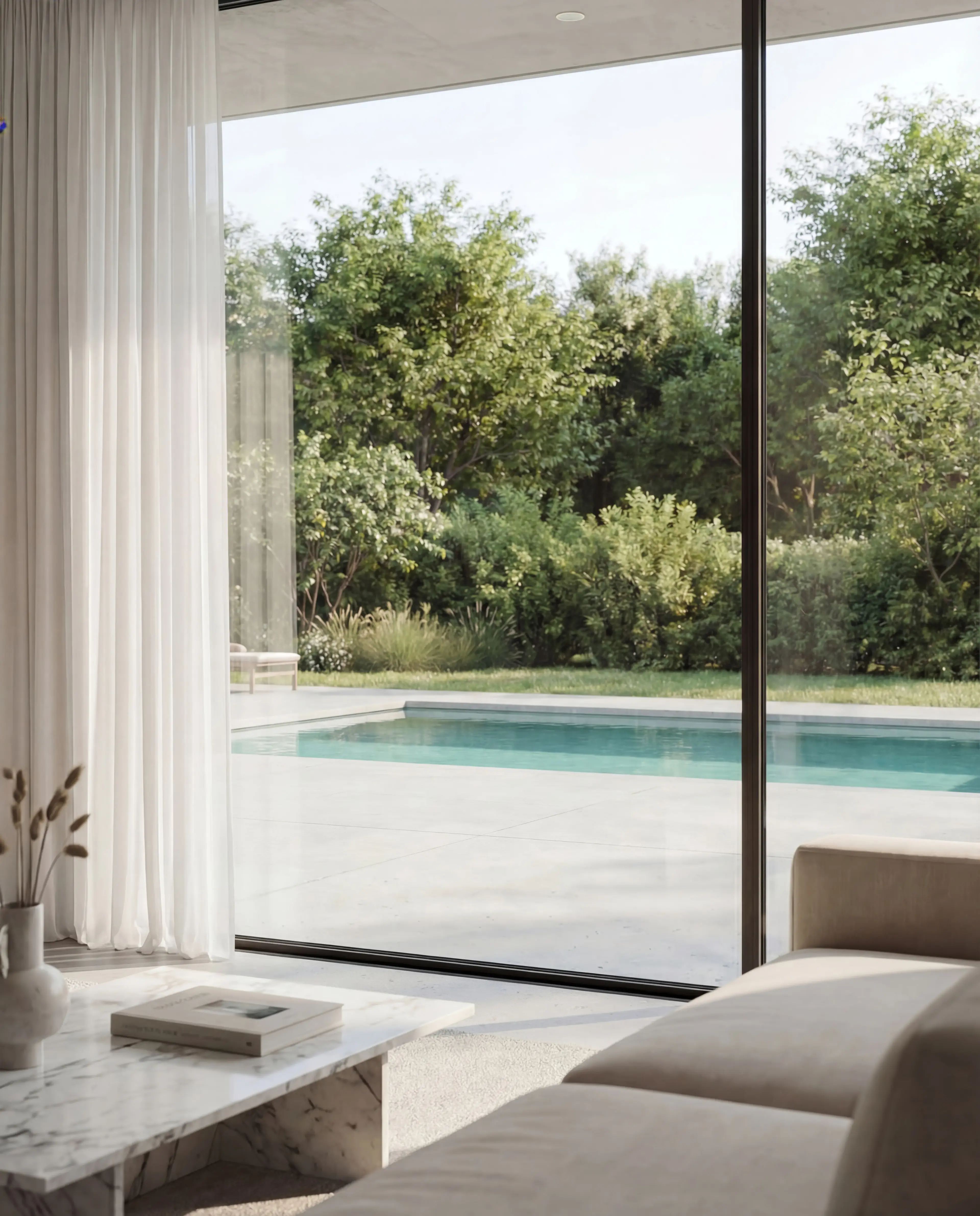 Luxury interior with poolside view